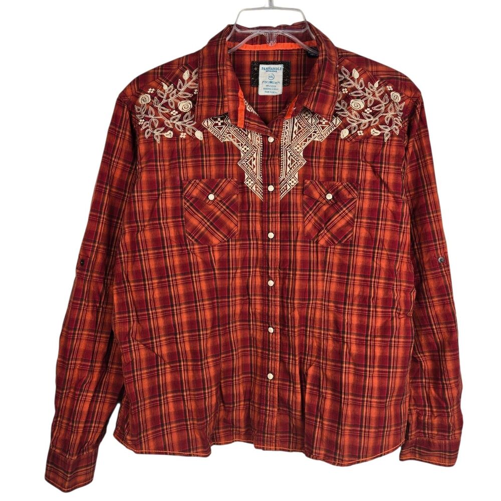 Panhandle Rough Stock Shirt XXL Snap Button Embroider Plaid Orange Red Flip Cuff